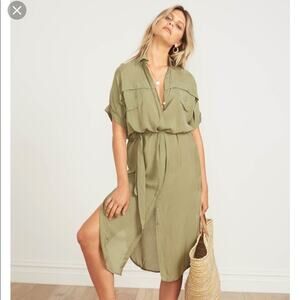 Faithfull the brand Dress Womens Size S Gigi Olive Green Midi Shirt Dress